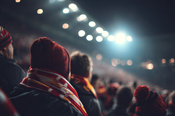 Football fans cheering in a crowded stadium at night with bright lights.