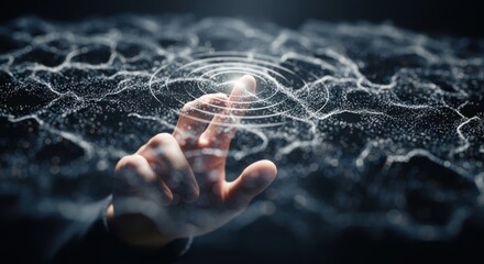 Interactive digital touch on a futuristic interface showing wave patterns and light effects