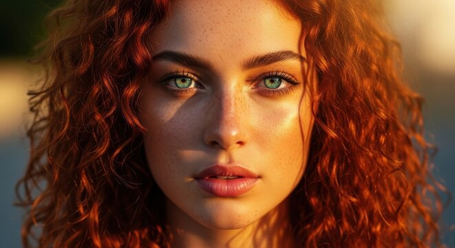 Young woman with curly red hair and striking green eyes enjoying a sunny evening outdoors - Powered by Adobe
