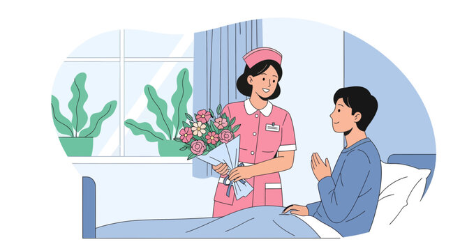 Kind Nurse Offering Flowers To Patient, Promoting Comfort And Recovery In Hospital Environment