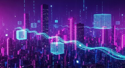 Futuristic cityscape with neon lights and digital elements during night time