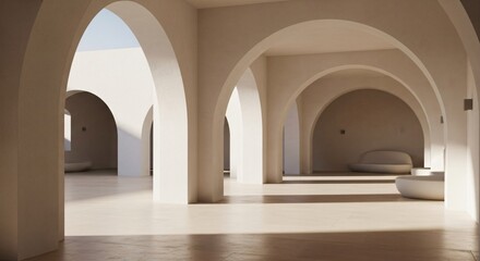 Fototapeta premium A sunlit interior courtyard featuring continuous arches minimalist benches and bright empty spaces