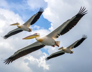 Flock of pelicans flying in formation mid-air with ocean and sky background