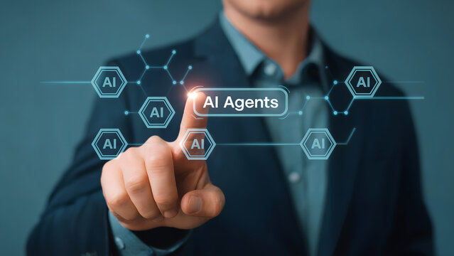 Man in suit interacting with ai agents interface on screen with hexagonal ai icons connected by lines