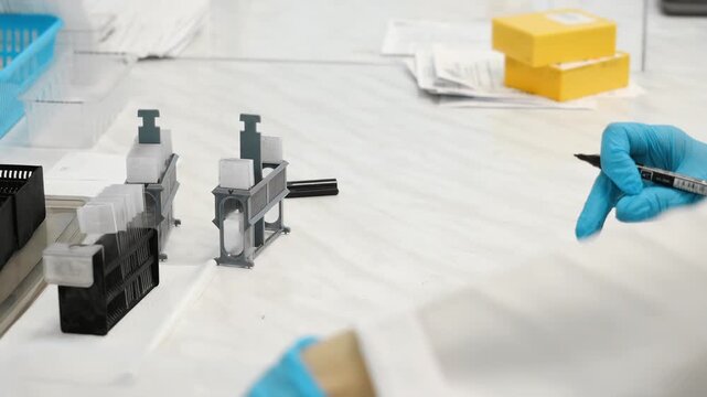 Close up of lab technician marking microscope slides with samples in clinical laboratory, scientific research and diagnostic preparation process in modern healthcare facility.