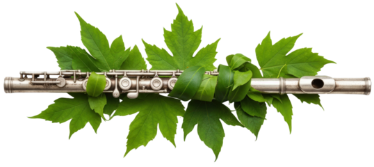 Silver Flute Decorated With Green Leaves And Vines In Natural Light Isolated On Transparent Background