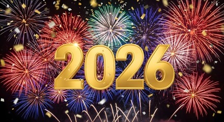 Golden 2026 numbers with fireworks background, luxury celebration, New Year concept, festive confetti