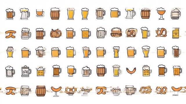 Collection of Beer Mugs, Bottles, Sausages, and Pretzels Vector Illustration