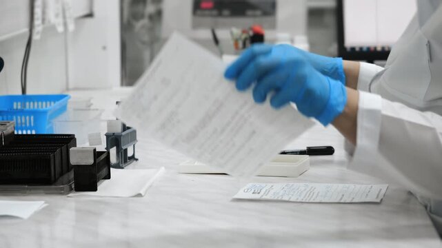 Close up of medical lab technician organizing and labeling microscope slides for testing in modern clinical laboratory under bright sterile conditions.