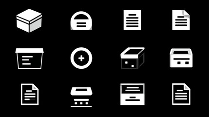 Vector set of minimalist white file, document, folder, archive, and data storage icons on a black background.
