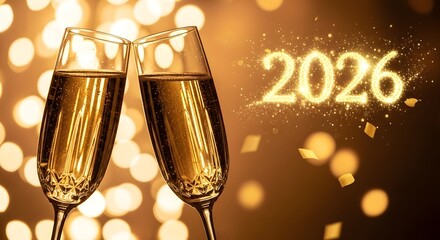 Happy New Year 2026 concept, champagne glasses, golden light, festive bokeh background