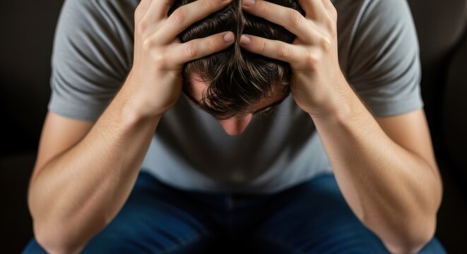 Young man experiencing emotional distress while sitting on a couch at home in a dimly lit room during the evening