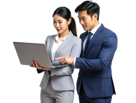 Business Man and Woman Looking at Laptop Screen in Discussion, Side Angle, Isolated.