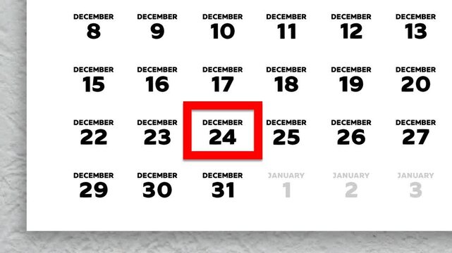 The date December 24th marked with a red cursor on the wall calendar 2025