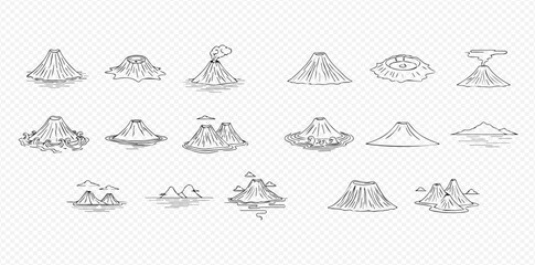 Hand-drawn sketch collection of various volcano types and mountain formations in line art style.