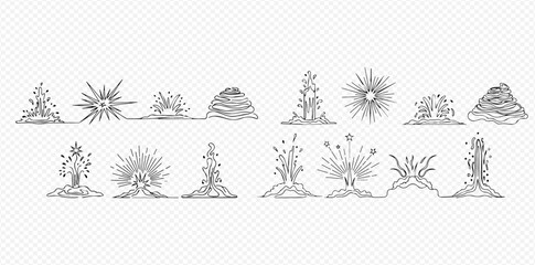 Hand-drawn sketch set of various explosion, burst, and eruption effects in line art style.