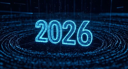 Futuristic 2026 hologram numbers, floating in digital space, glowing blue particles