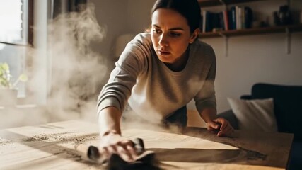 Housewife diligently cleans home, removing layers of dust and dirt with cloth