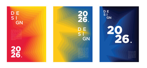Vivid and futuristic 2026 posters with energetic gradients, abstract shapes, and bold compositions