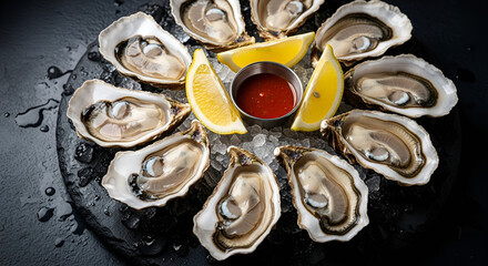 A platter of oysters on crushed ice with lemon wedges and a small bowl of red cocktail sauce