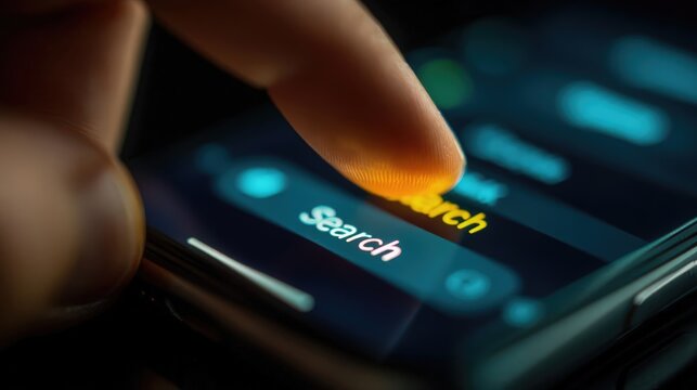 A close-up of a finger tapping a smartphone screen displaying a search bar. The background is dark, emphasizing the illuminated screen. - Powered by Adobe