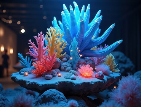 Vibrant underwater coral reef with glowing blue and pink anemones