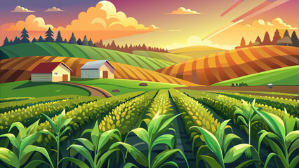 Fototapeta premium Very beautiful fields of young corn near a farm on rolling hills in Iowa during a sunny spring evening, featuring warm golden light, fresh green crops, gentle slopes, and a realistic peaceful rural la