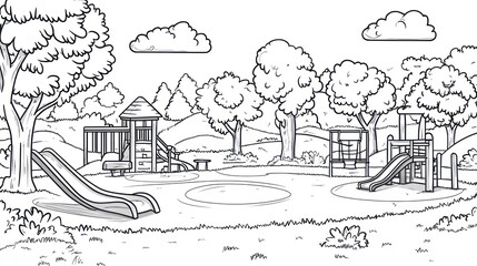 Fototapeta premium Playground scene; drawn. Two slides, climbing frames. Trees, clouds. Education, coloring books