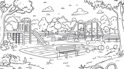Obraz premium Playground equipment in park, trees and bushes in background. Use coloring page