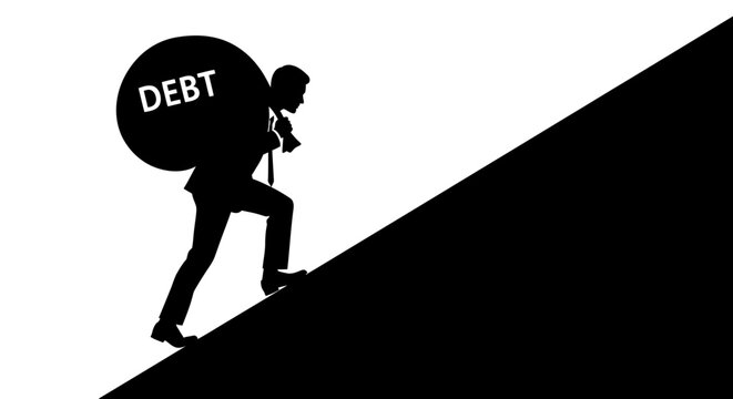 Man struggles uphill carrying heavy burden of debt burden