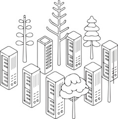 Isometric line art illustration of data server racks and stylized trees, symbolizing eco-friendly cloud infrastructure, green technology, and sustainable it.