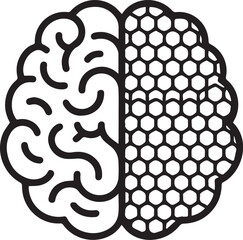 Brain icon with left side representing organic thought and right side depicting a structured honeycomb pattern for logical processing and ai.
