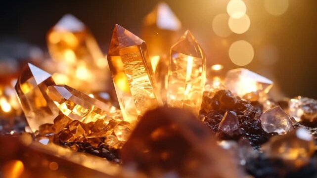 Glowing golden crystals arranged closely, emitting warm light. Blurry background of golden bokeh highlights