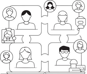 Network of diverse user avatars with laptops illustrating online collaboration, virtual team communication, remote work, and digital connections.