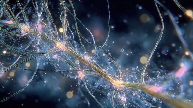 Abstract representation of neural connections with glowing synapses and a dark background. The image illustrates concepts of neuroscience and brain activity. - Powered by Adobe