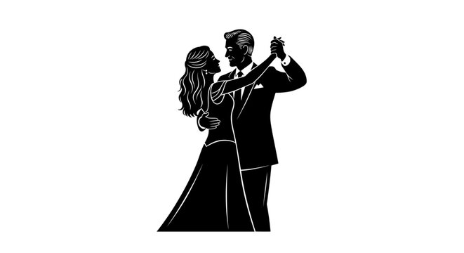 Elegant couple waltzing in formal attire, capturing romance and celebration