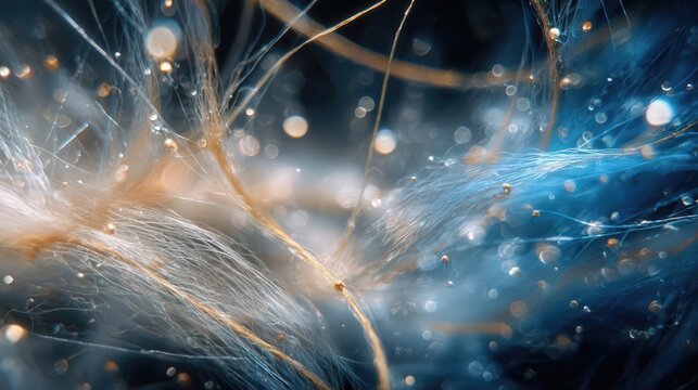 Abstract digital background with flowing lines and glowing particles in blue and gold tones. The scene conveys a sense of movement and energy.