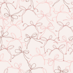 Bows Seamless Pattern. Cute Bow Background Hand Drawn Style. Ribbon Bow Wallpaper Design for Wrapping Paper, Gift, Textile, Fabric. Vector Aesthetic Vintage Print.
