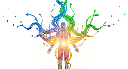 Human anatomy with colorful energy streams radiating from body, symbolizing vitality and life