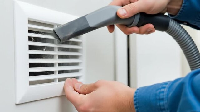 Man meticulously cleans R vent detail with vacuum cleaner close up professional service