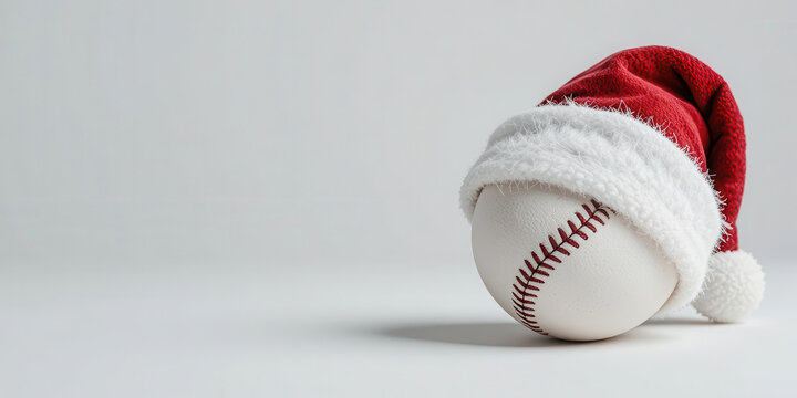 A baseball wearing a Santa hat placed on white background, creative combination of Christmas holiday and sports theme representing festive winter spirit with minimal composition and soft lighting
