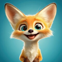Fototapeta premium Cheerful cartoon fox character with large ears, bright eyes, and a playful smile against a vibrant blue background in a whimsical and charming style