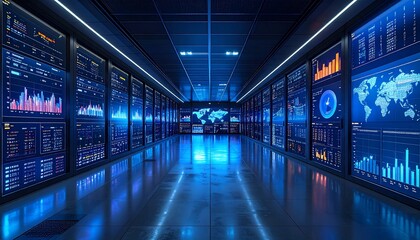 Modern Data Center Servers with realtime data on screens with digital technology.