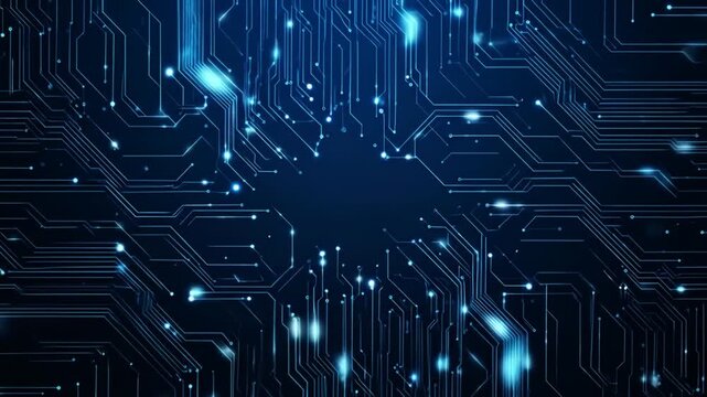A stylized digital circuit board design in shades of blue. Lines and glowing dots on a dark background