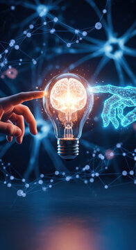 Human hand digital hand light bulb brain neural network technology innovation artificial intelligence connection creativity. glowing brain inside light bulb symbolizes fusion of human intelligence
