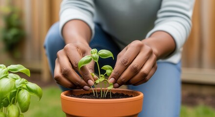 An African American woman carefully plants a basil seedling in a terracotta pot. Close-up of hands nurturing a young herb in a home garden. Growth and horticulture concept