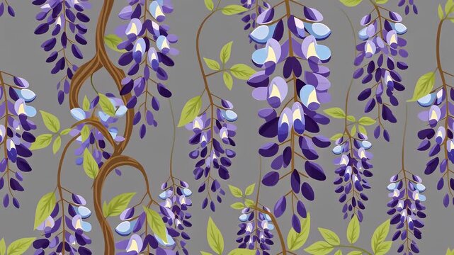 Elegant seamless pattern featuring cascading purple wisteria flowers and vines, a beautiful floral background illustration