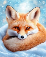 Fototapeta premium Adorable Red Fox with Bright Eyes Curled Up in Snowy Landscape Under a Blue Sky, Capturing the Essence of Winter Wildlife and Natural Beauty