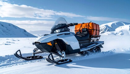 Modern Snowmobile on Snowy Terrain with Gear in Mountains and Blue Sky.
