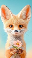 Fototapeta premium Adorable fox holding a delicate flower against a soft pastel background, showcasing the beauty of nature and wildlife with a whimsical charm